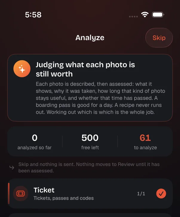 The app's Analyze screen, showing an explainer card titled Judging what each photo is still worth, a counter row reading 0 analyzed so far, 500 free left and 61 to analyze, and a category card labelled Ticket.