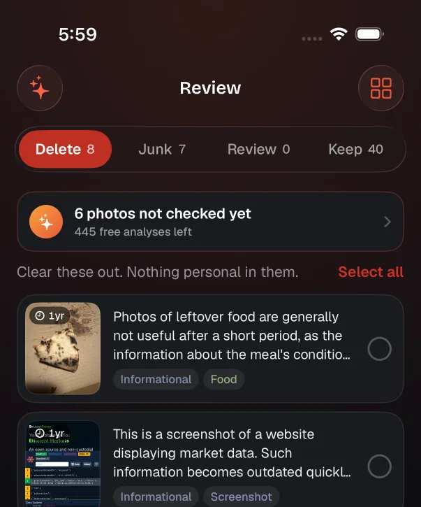 The app's Review screen, with tabs reading Delete 8, Junk 7, Review 0 and Keep 40, above a list of photos. Each row shows a thumbnail stamped with its age, a plain-English reason for the verdict, and chips reading Informational and Screenshot.